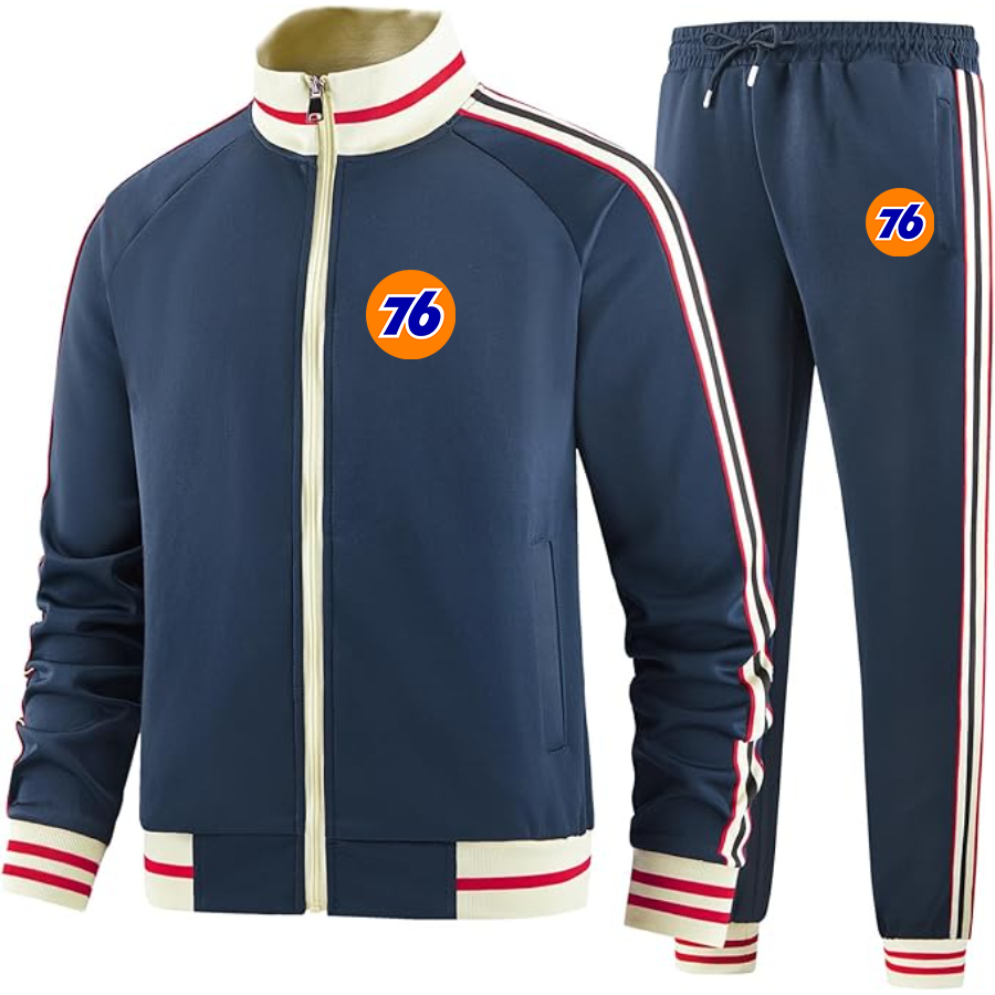 Men's 76 Gas Station Two Piece Designer Tracksuit with Bold Striped Accents and Zippered Front Elevated Athletic Wear