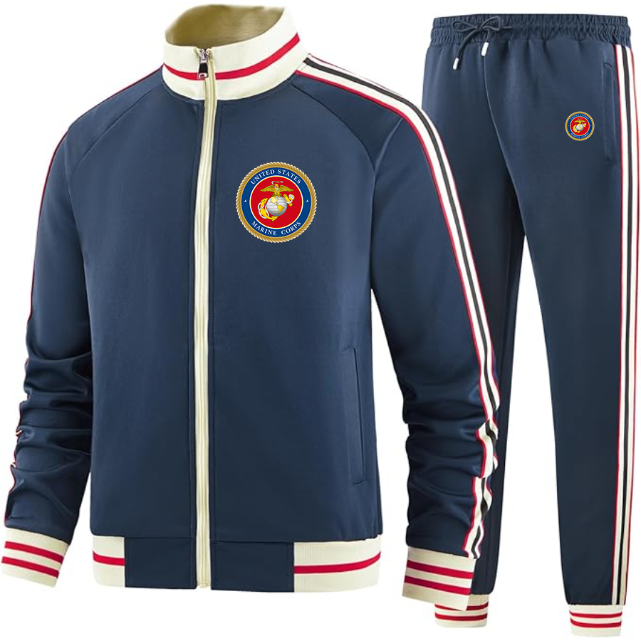 Men's USMC Emblem Two Piece Designer Tracksuit with Bold Striped Accents and Zippered Front Elevated Athletic Wear