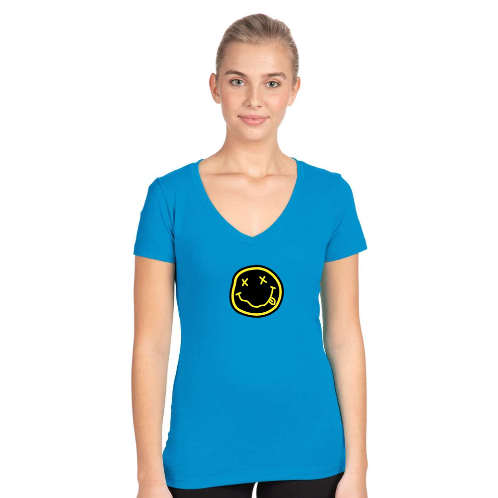 Women's Nirvana Yellow and Black Face Next Level V-Neck T-Shirt