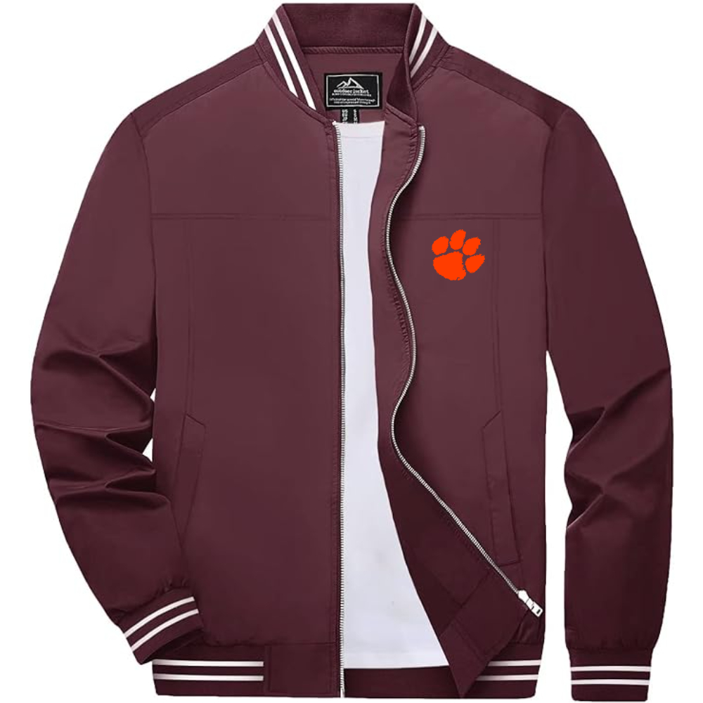 Men's Clemson Tigers Lightweight Zip-Up Bomber Jacket with Ribbed Collar and Cuffs Versatile Casual Outerwear