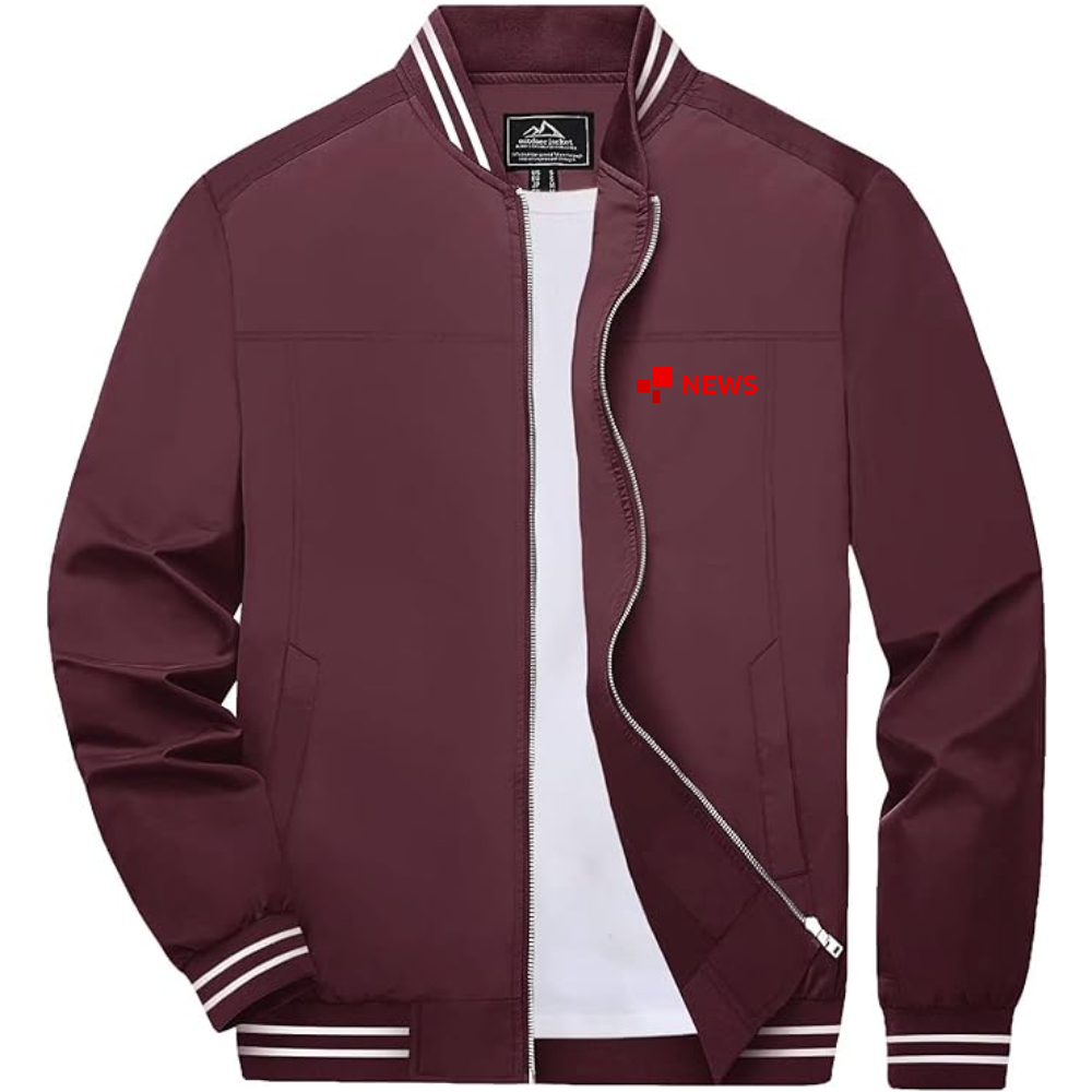 Men's BBC News Lightweight Zip-Up Bomber Jacket with Ribbed Collar and Cuffs Versatile Casual Outerwear