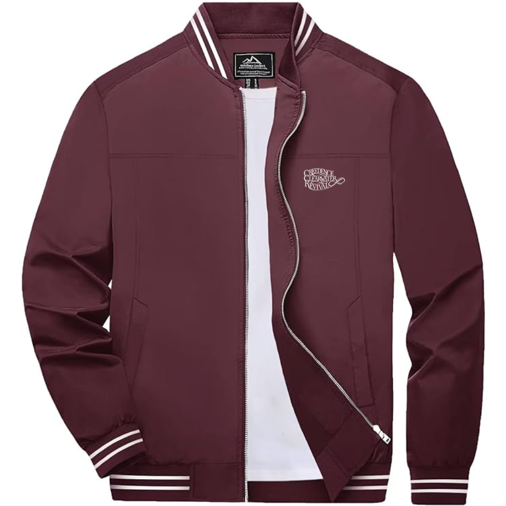 Men's Creedence Clearwater Revival Lightweight Zip-Up Bomber Jacket with Ribbed Collar and Cuffs Versatile Casual Outerwear