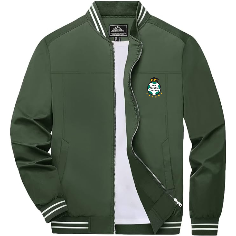 Men's Santos Laguna Soccer Lightweight Zip-Up Bomber Jacket with Ribbed Collar and Cuffs Versatile Casual Outerwear