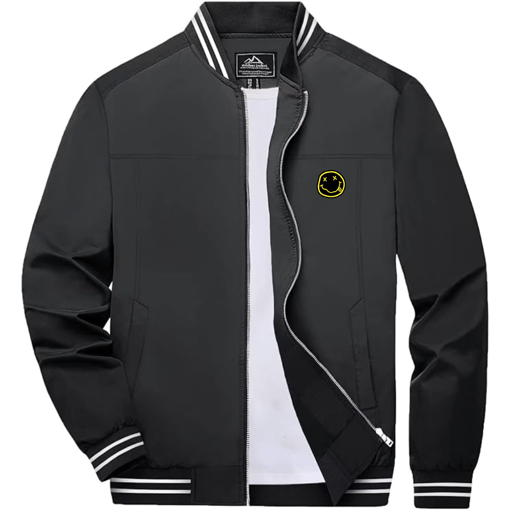 Men's Nirvana Yellow and Black Face Lightweight Zip-Up Bomber Jacket with Ribbed Collar and Cuffs Versatile Casual Outerwear