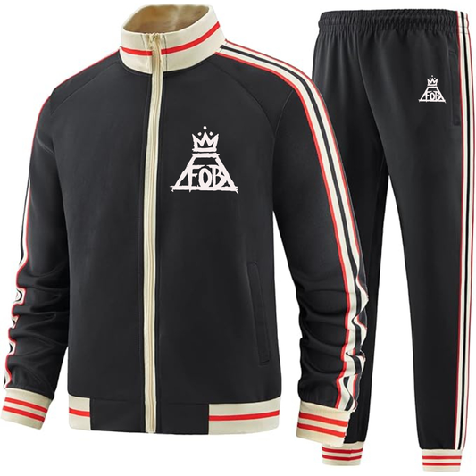 Men's Fall Out Boy  Two Piece Designer Tracksuit with Bold Striped Accents and Zippered Front Elevated Athletic