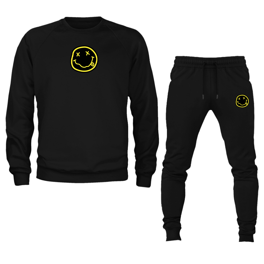 Men's Nirvana Yellow and Black Face Crewneck Sweatshirt Joggers Suit