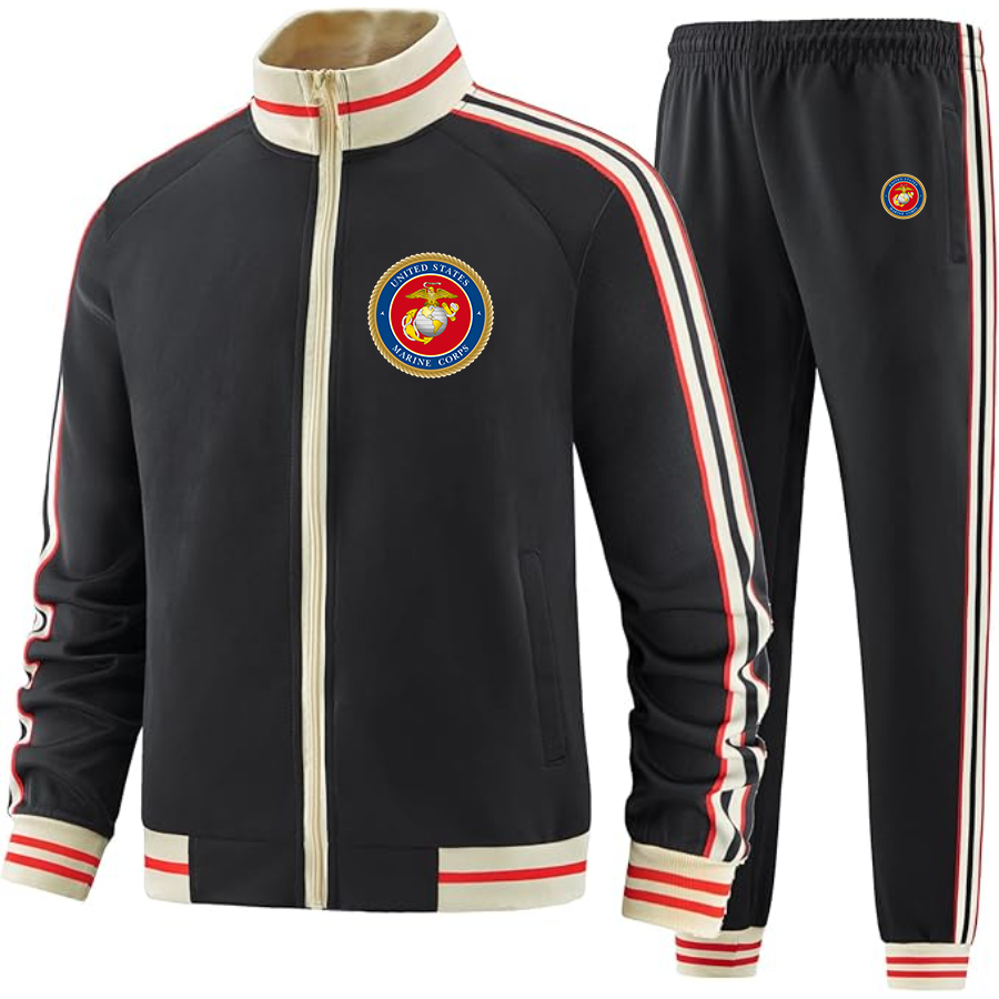 Men's USMC Emblem Two Piece Designer Tracksuit with Bold Striped Accents and Zippered Front Elevated Athletic Wear