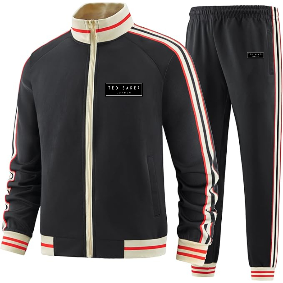 Men's  Ted Baker Two Piece Designer Tracksuit with Bold Striped Accents and Zippered Front Elevated Athletic Wear