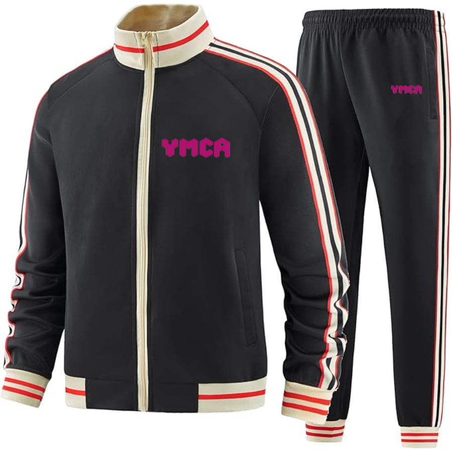 Men's YMCA Mauve  Two Piece Designer Tracksuit with Bold Striped Accents and Zippered Front Elevated Athletic