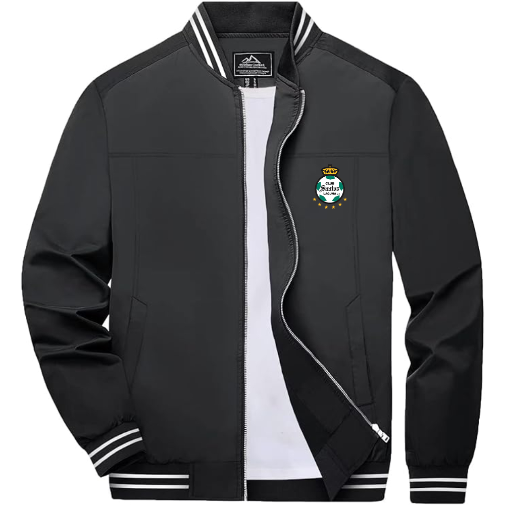 Men's Santos Laguna Soccer Lightweight Zip-Up Bomber Jacket with Ribbed Collar and Cuffs Versatile Casual Outerwear