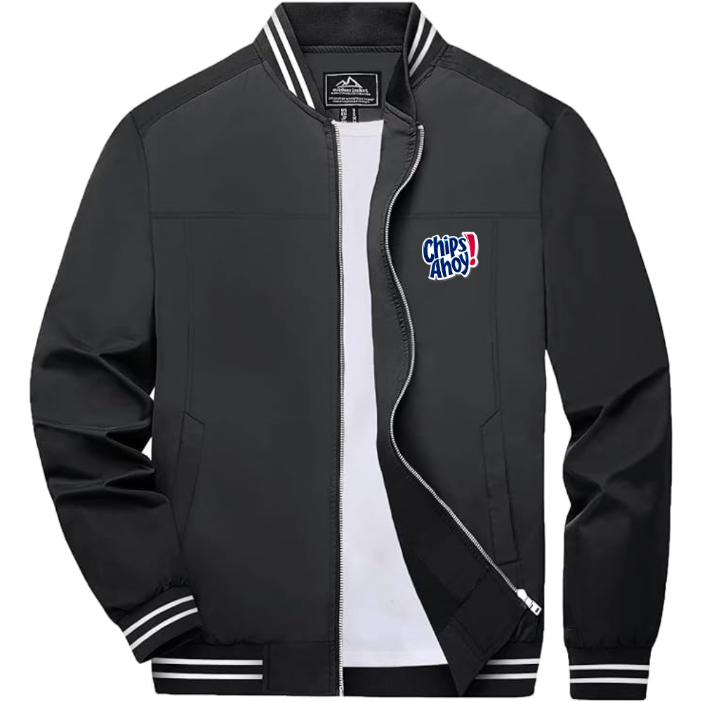 Men's  Chips Ahoy  Lightweight Zip-Up Bomber Jacket with Ribbed Collar and Cuffs Versatile Casual Outerwear