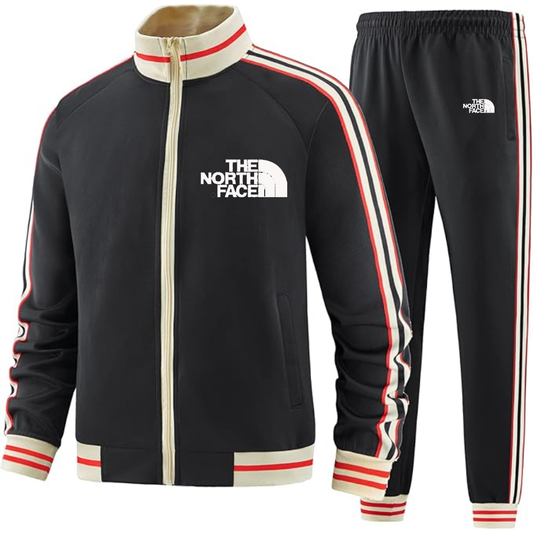 Men's  The North Face Black Two Piece Designer Tracksuit with Bold Striped Accents and Zippered Front Elevated Athletic Wear