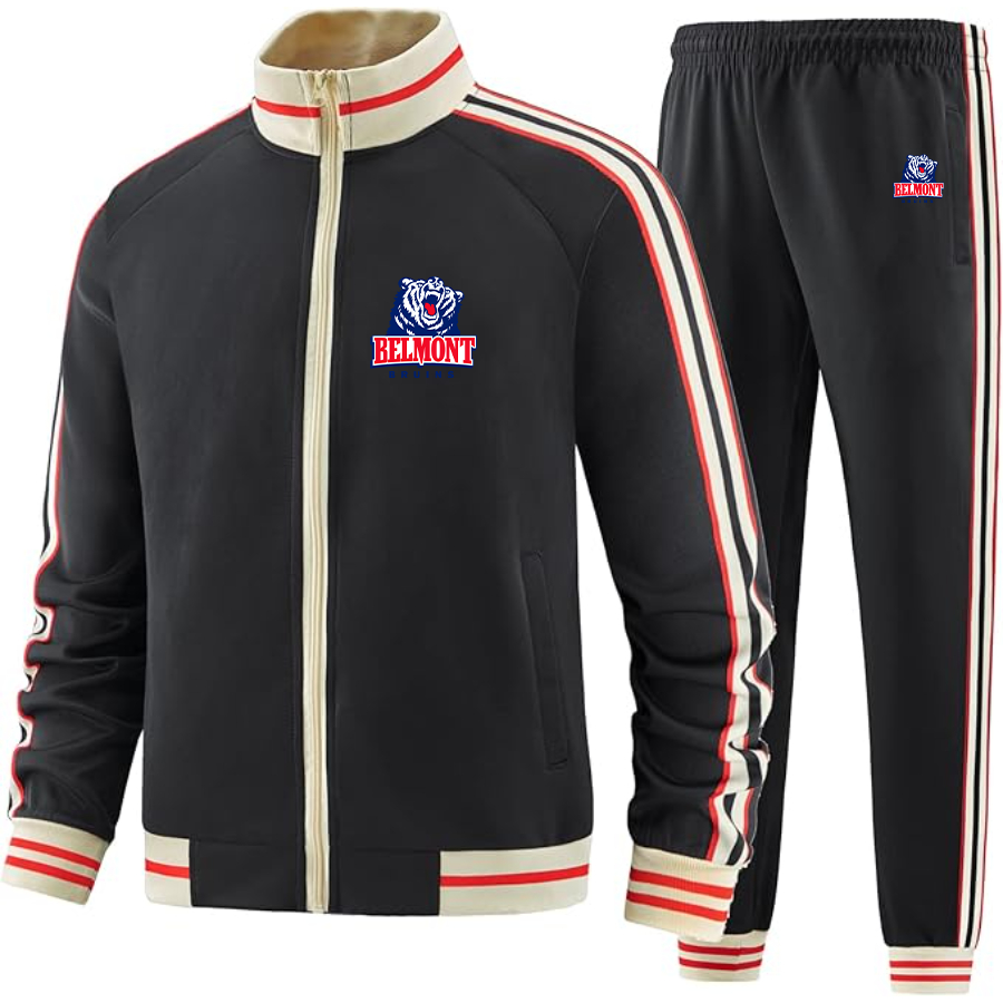 Men's Belmont Bruins  Two Piece Designer Tracksuit with Bold Striped Accents and Zippered Front Elevated Athletic