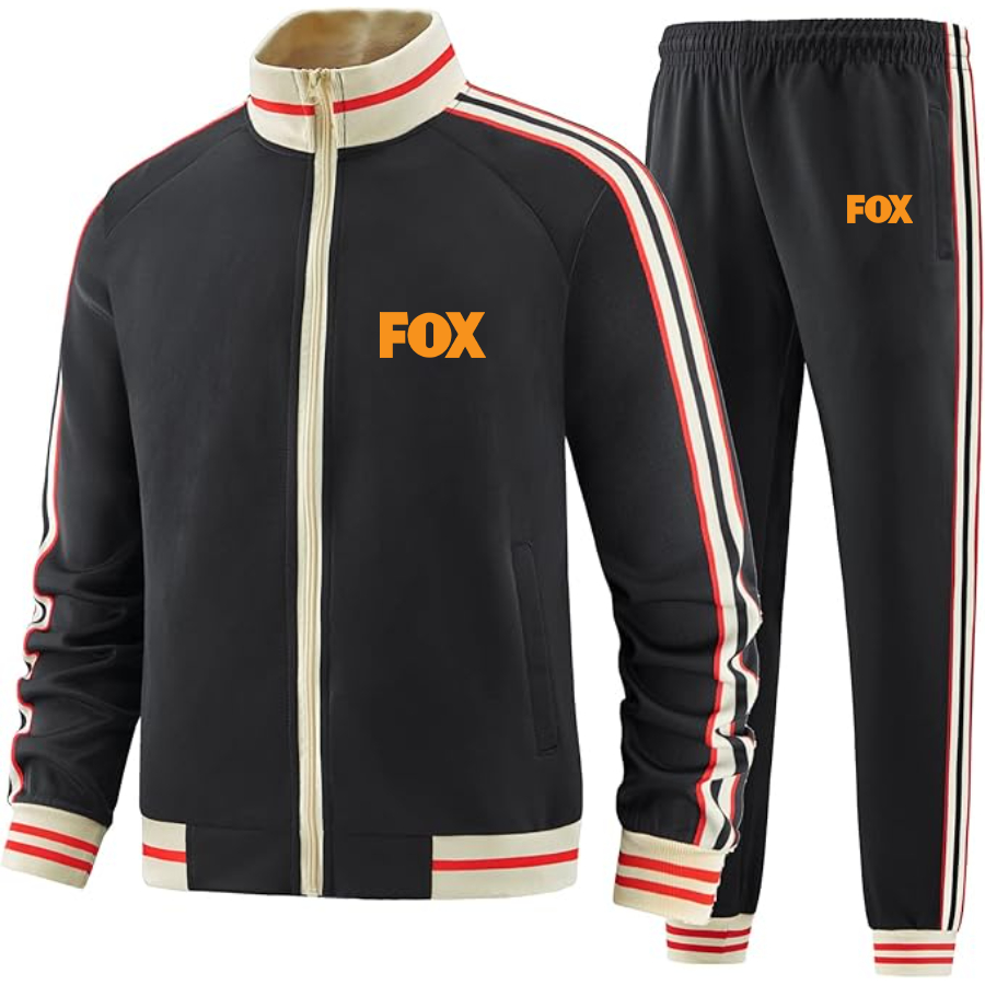 Men's Fox  Two Piece Designer Tracksuit with Bold Striped Accents and Zippered Front Elevated Athletic