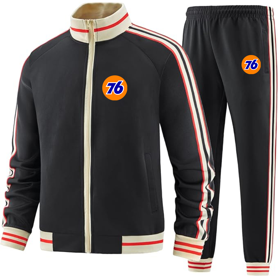 Men's 76 Gas Station  Two Piece Designer Tracksuit with Bold Striped Accents and Zippered Front Elevated Athletic Wear
