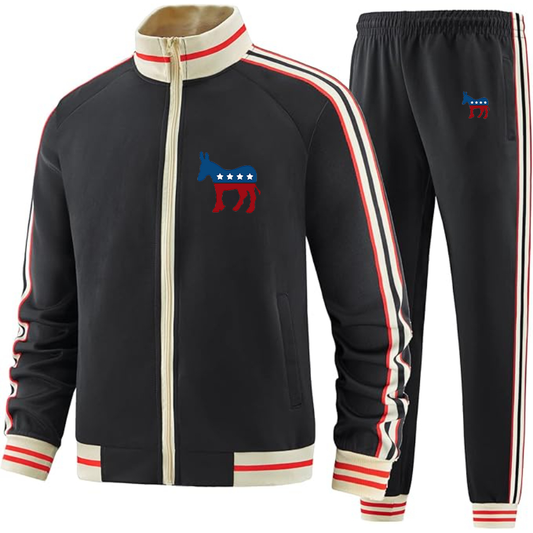 Men's  Democrat Election Symbol Two Piece Designer Tracksuit with Bold Striped Accents and Zippered Front Elevated Athletic Wear