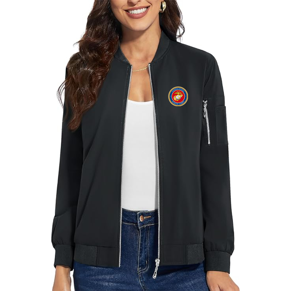 Women's USMC Emblem Premium Bomber Jacket with Polished Detailing and Functional Sleeve Pocket Modern Luxury Outerwear