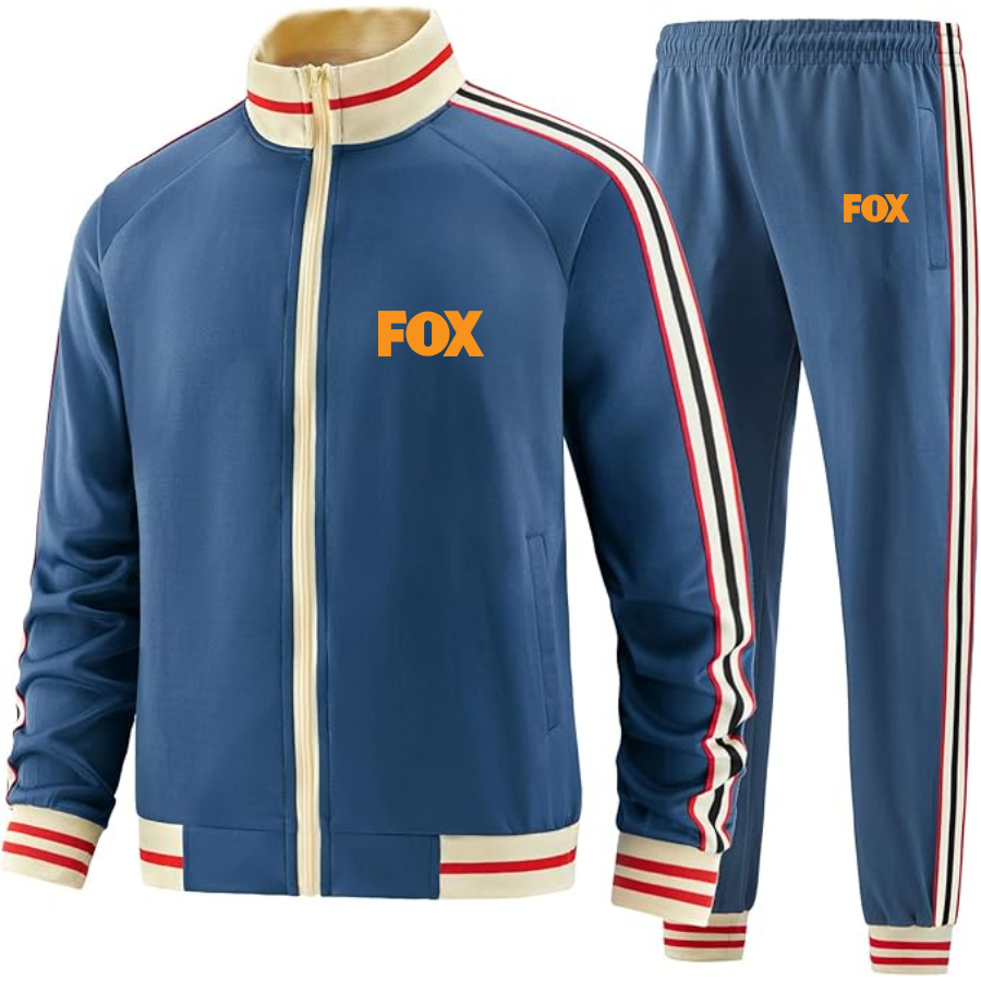Men's Fox  Two Piece Designer Tracksuit with Bold Striped Accents and Zippered Front Elevated Athletic