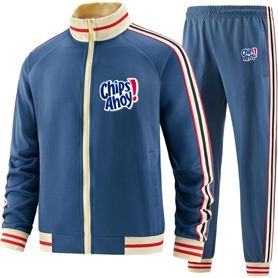 Men's Chips Ahoy Two Piece Designer Tracksuit with Bold Striped Accents and Zippered Front Elevated Athletic