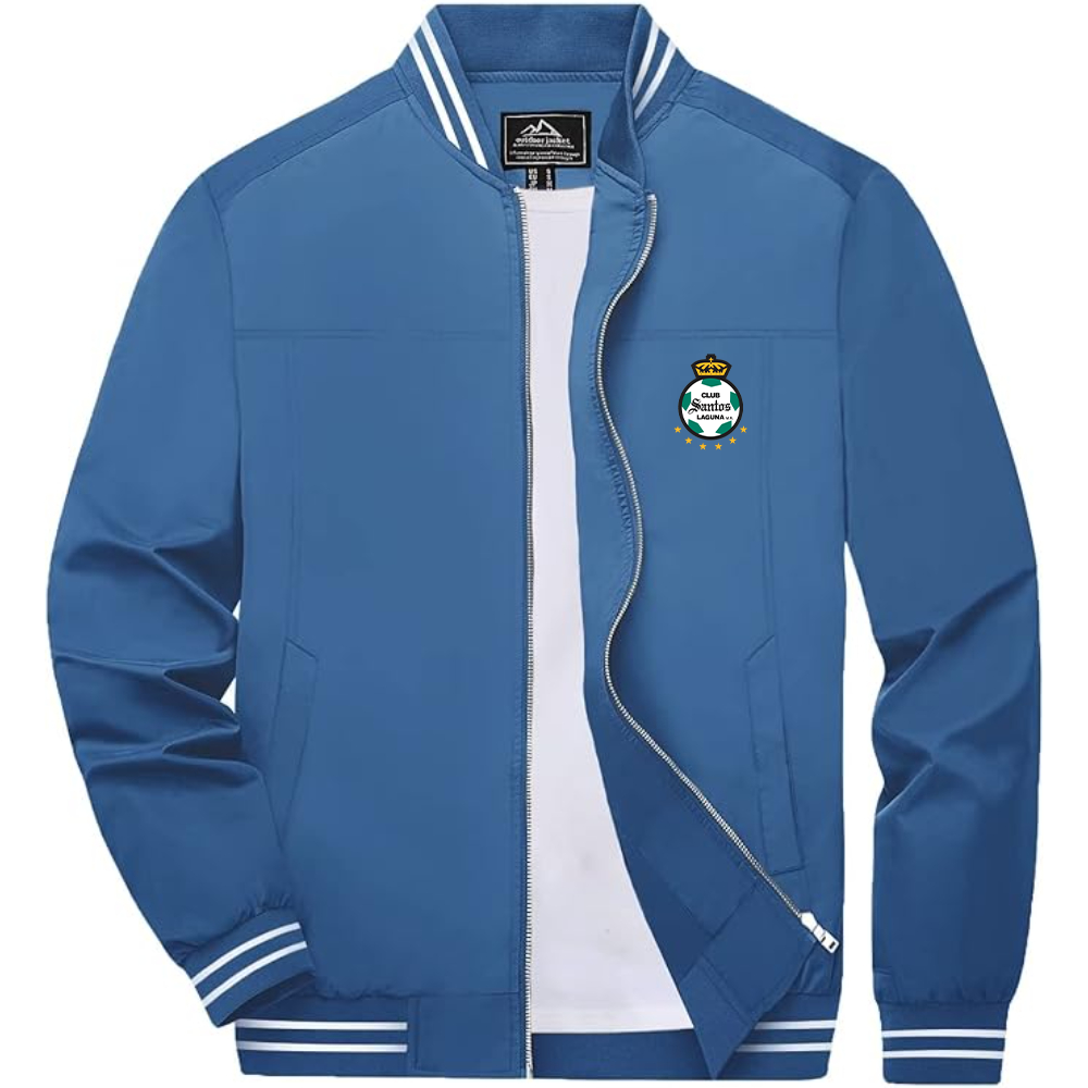 Men's Santos Laguna Soccer Lightweight Zip-Up Bomber Jacket with Ribbed Collar and Cuffs Versatile Casual Outerwear