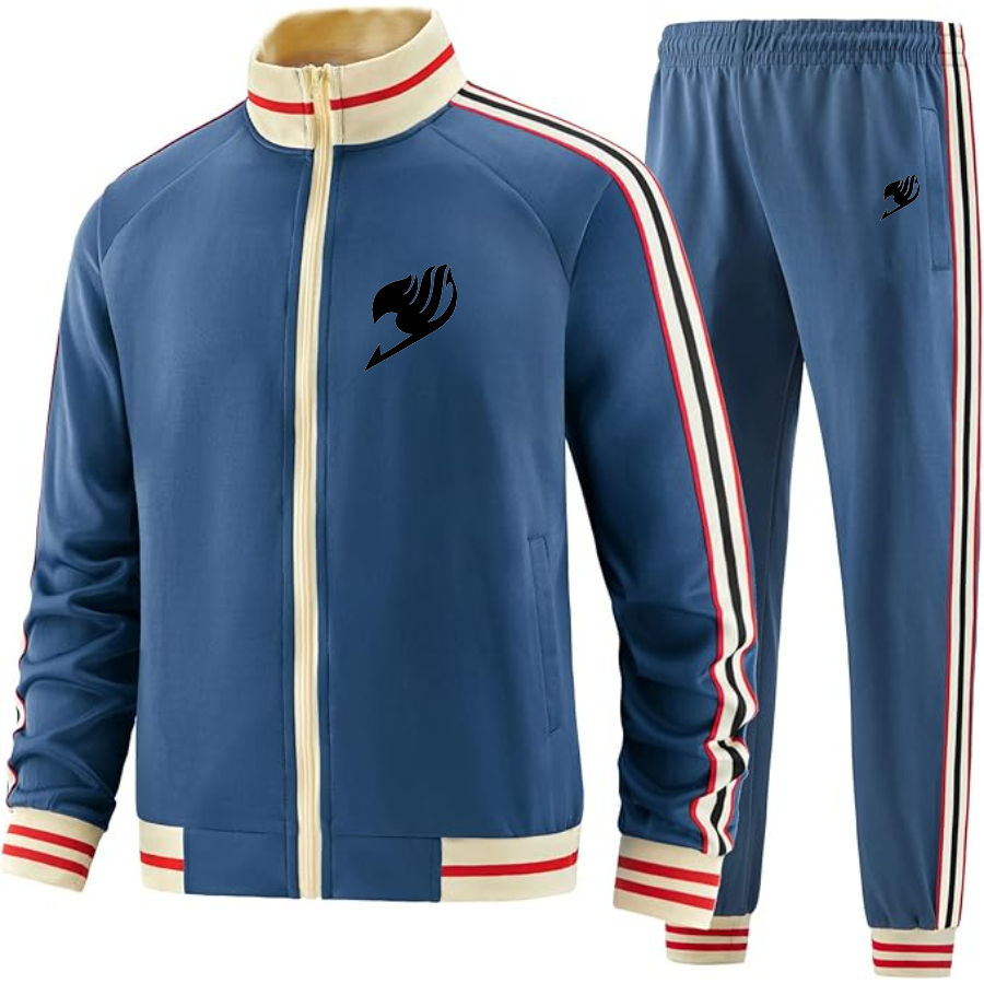 Men's  Fairy Tail Two Piece Designer Tracksuit with Bold Striped Accents and Zippered Front Elevated Athletic Wear