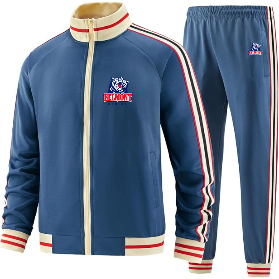 Men's Belmont Bruins  Two Piece Designer Tracksuit with Bold Striped Accents and Zippered Front Elevated Athletic