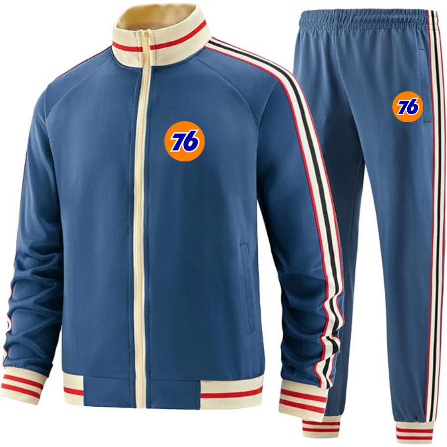 Men's 76 Gas Station  Two Piece Designer Tracksuit with Bold Striped Accents and Zippered Front Elevated Athletic Wear