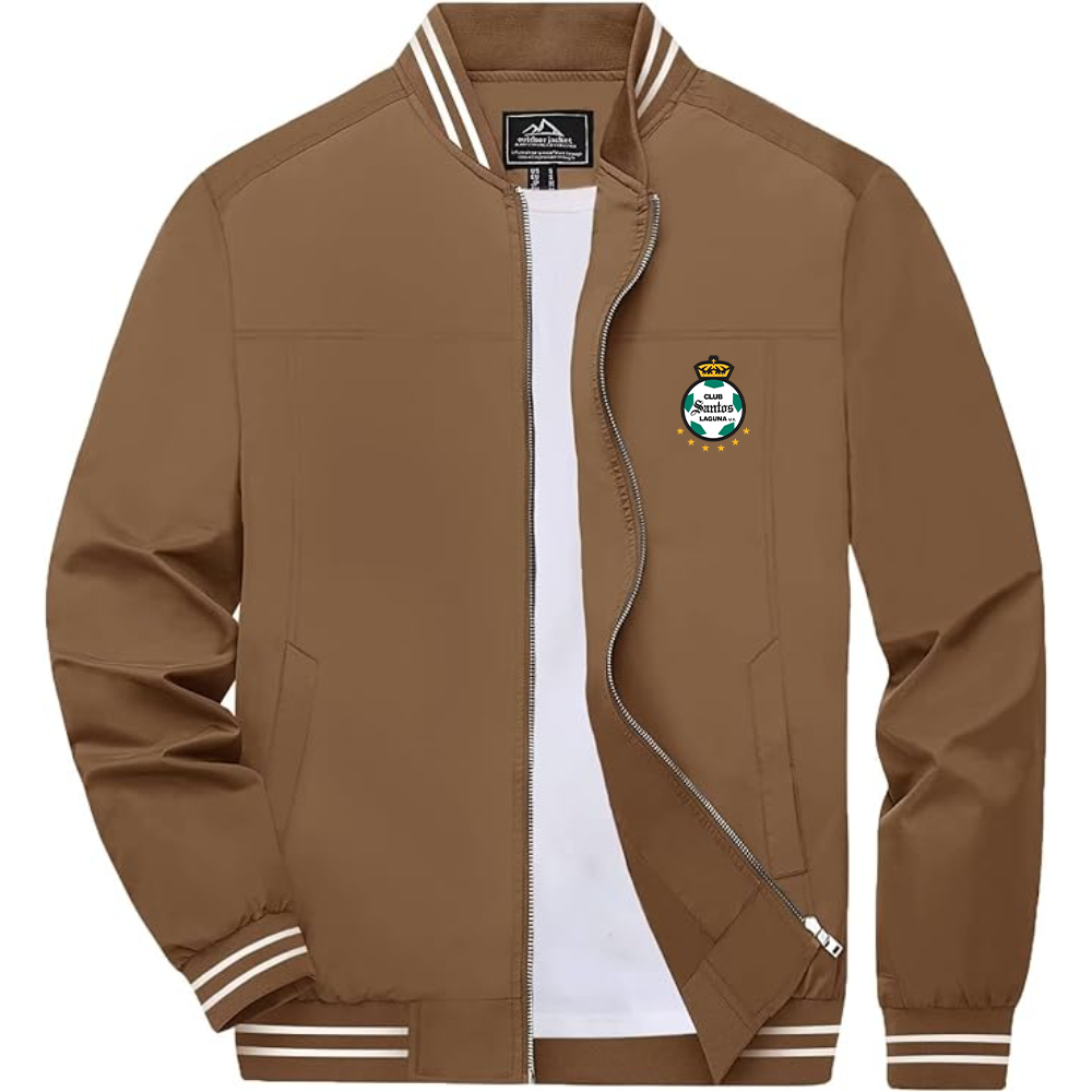 Men's Santos Laguna Soccer Lightweight Zip-Up Bomber Jacket with Ribbed Collar and Cuffs Versatile Casual Outerwear