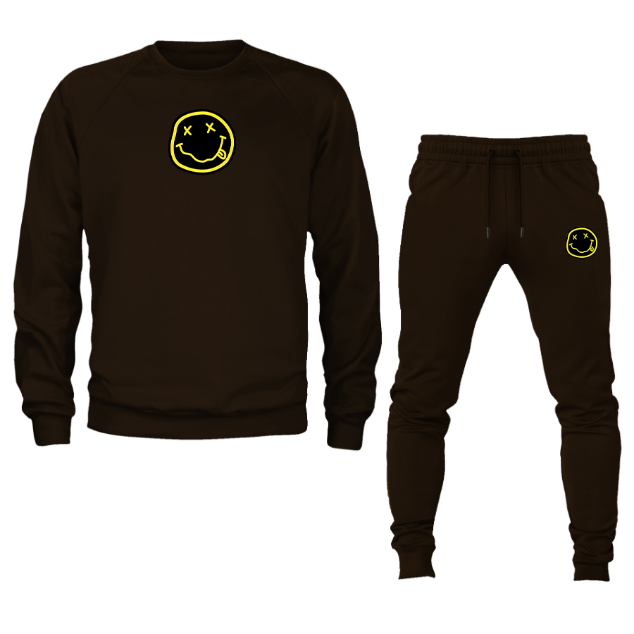 Men's Nirvana Yellow and Black Face Crewneck Sweatshirt Joggers Suit
