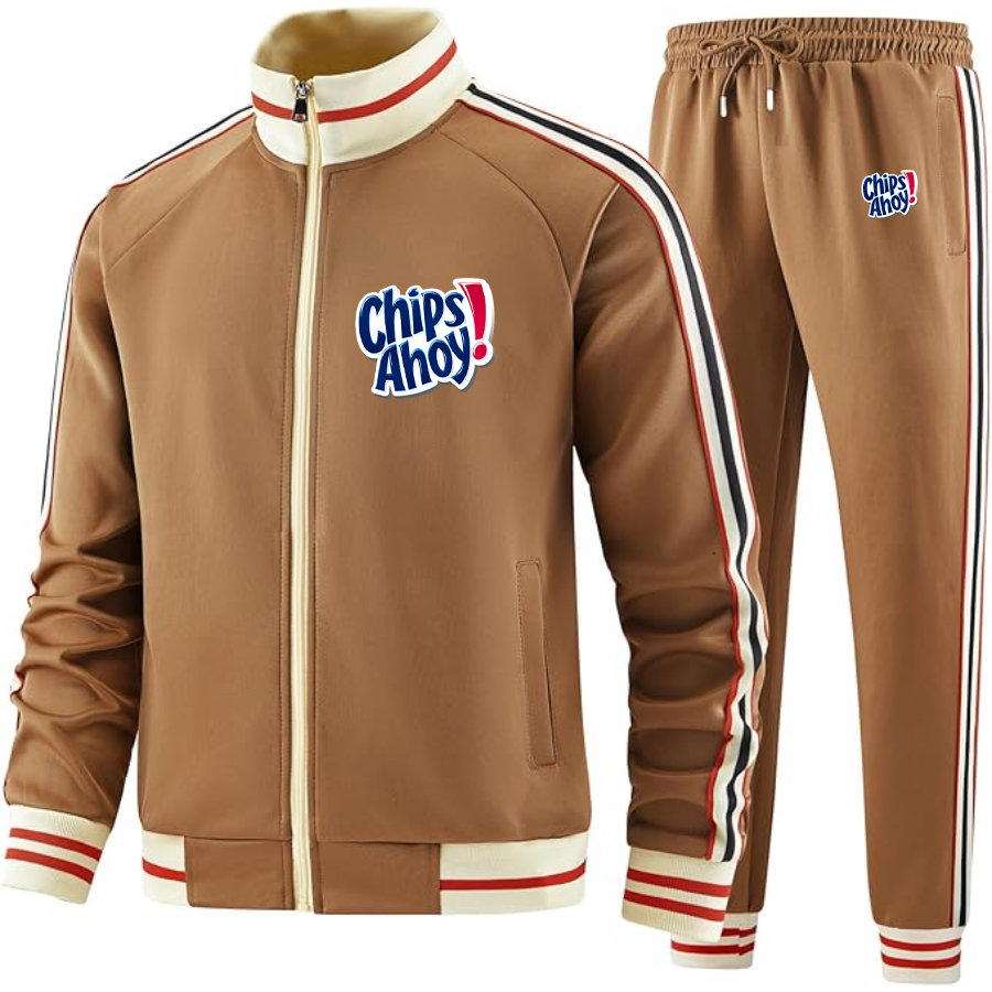 Men's Chips Ahoy Two Piece Designer Tracksuit with Bold Striped Accents and Zippered Front Elevated Athletic