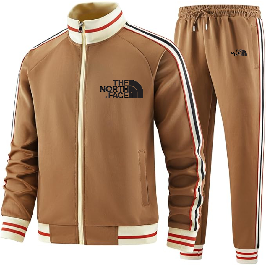 Men's  The North Face Black Two Piece Designer Tracksuit with Bold Striped Accents and Zippered Front Elevated Athletic Wear