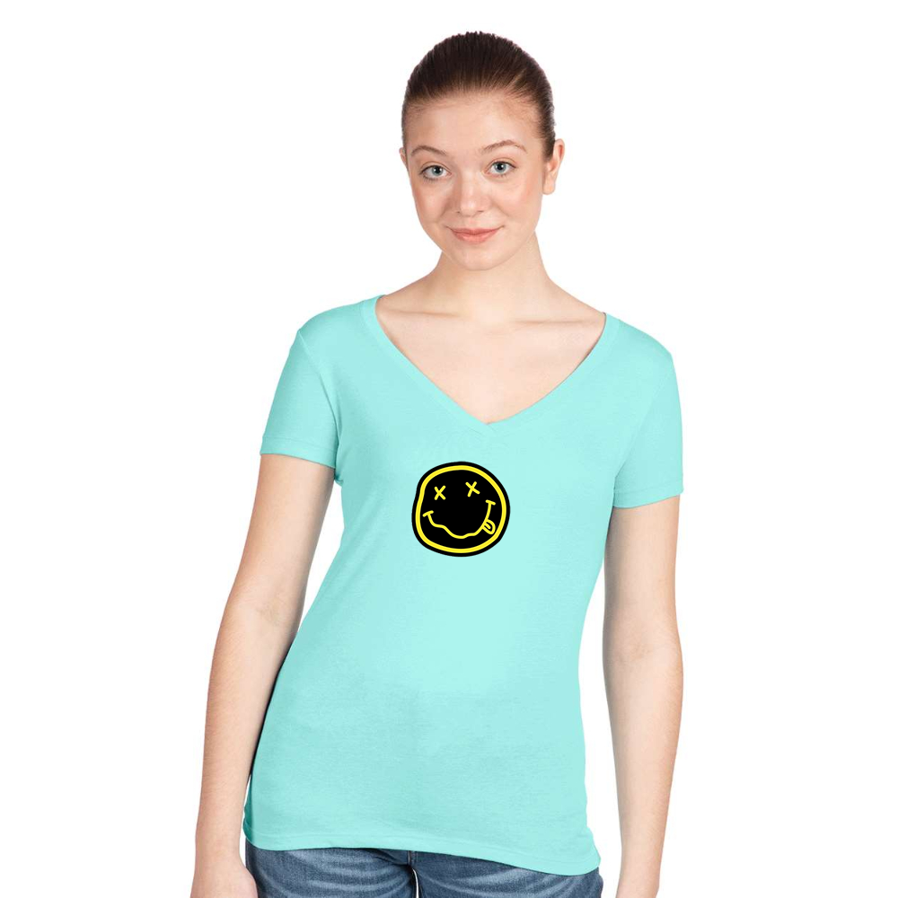 Women's Nirvana Yellow and Black Face Next Level V-Neck T-Shirt