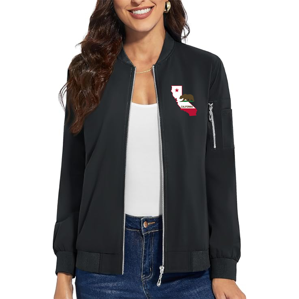 Women's California Bear Map Premium Bomber Jacket with Polished Detailing and Functional Sleeve Pocket Modern Luxury Outerwear