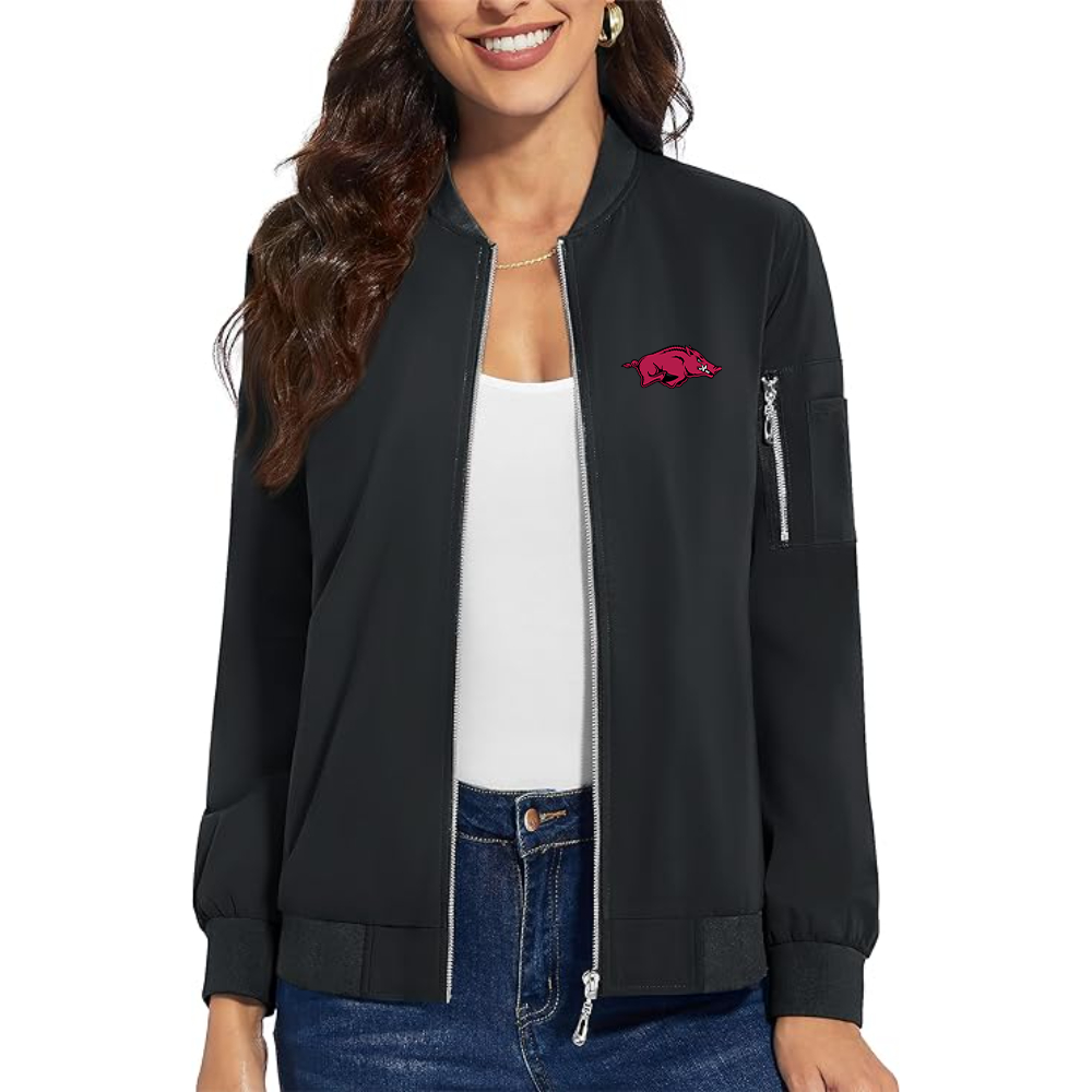Women's   Arkansas Razorbacks Premium Bomber Jacket with Polished Detailing and Functional Sleeve Pocket Modern Luxury Outerwear