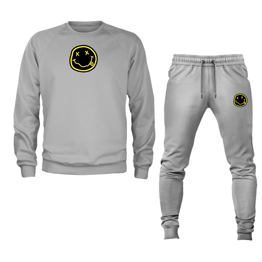 Men's Nirvana Yellow and Black Face Crewneck Sweatshirt Joggers Suit