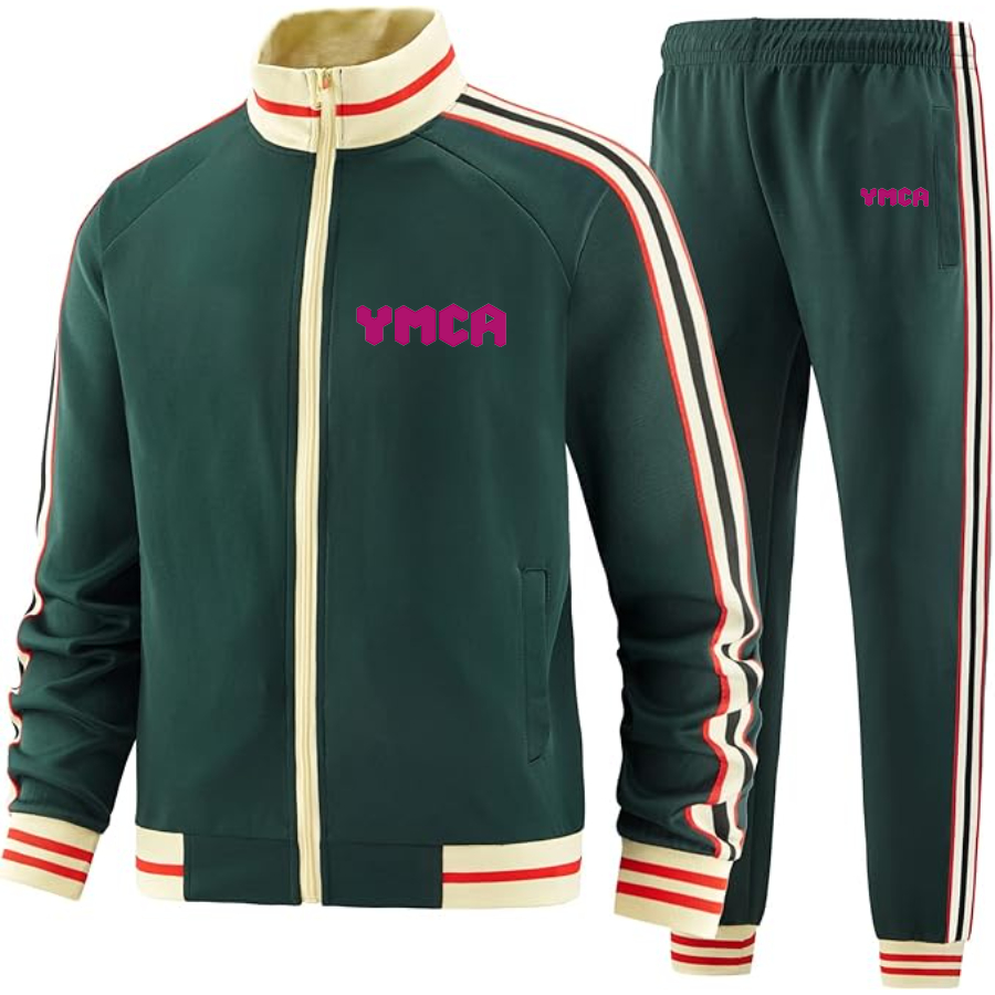 Men's YMCA Mauve  Two Piece Designer Tracksuit with Bold Striped Accents and Zippered Front Elevated Athletic