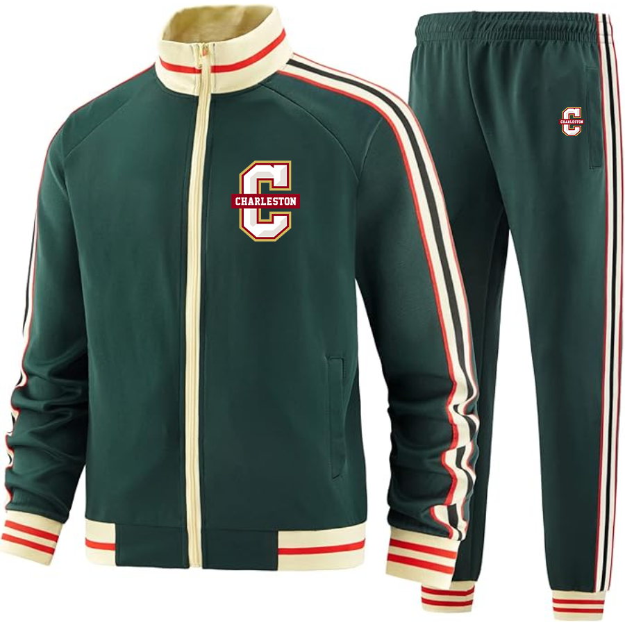Men's Charleston Cougars Two Piece Designer Tracksuit with Bold Striped Accents and Zippered Front Elevated Athletic