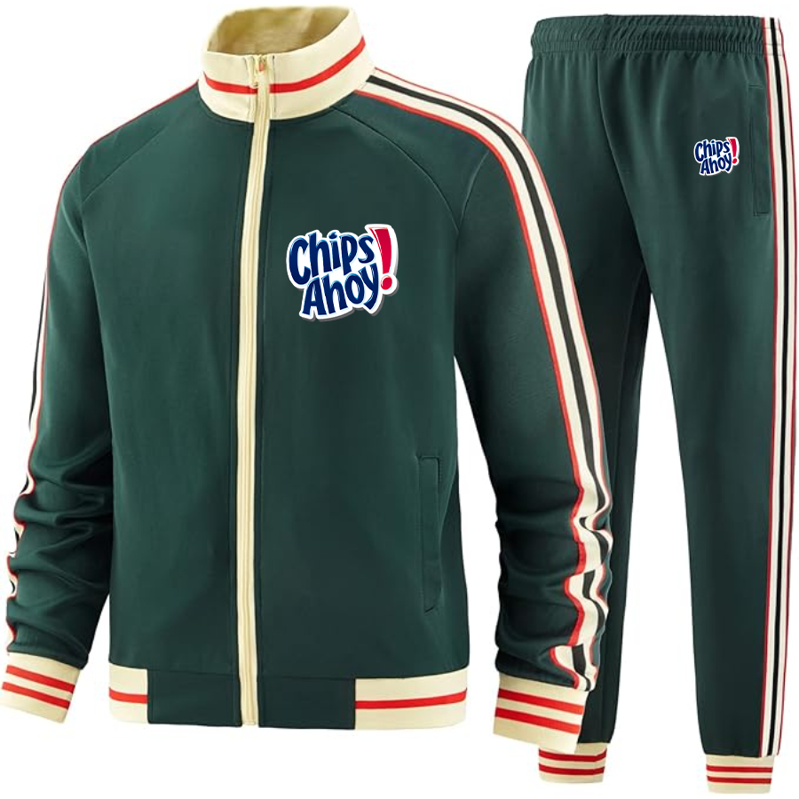 Men's Chips Ahoy Two Piece Designer Tracksuit with Bold Striped Accents and Zippered Front Elevated Athletic