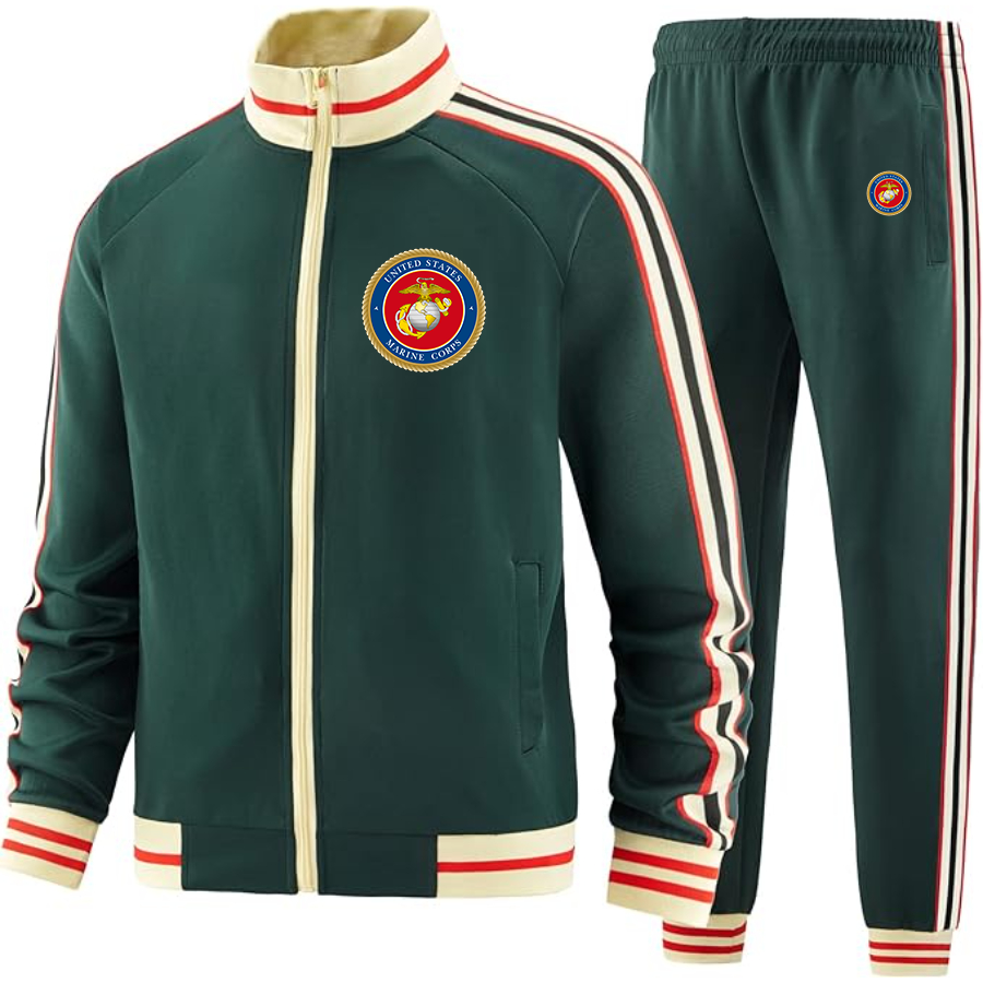 Men's USMC Emblem Two Piece Designer Tracksuit with Bold Striped Accents and Zippered Front Elevated Athletic Wear
