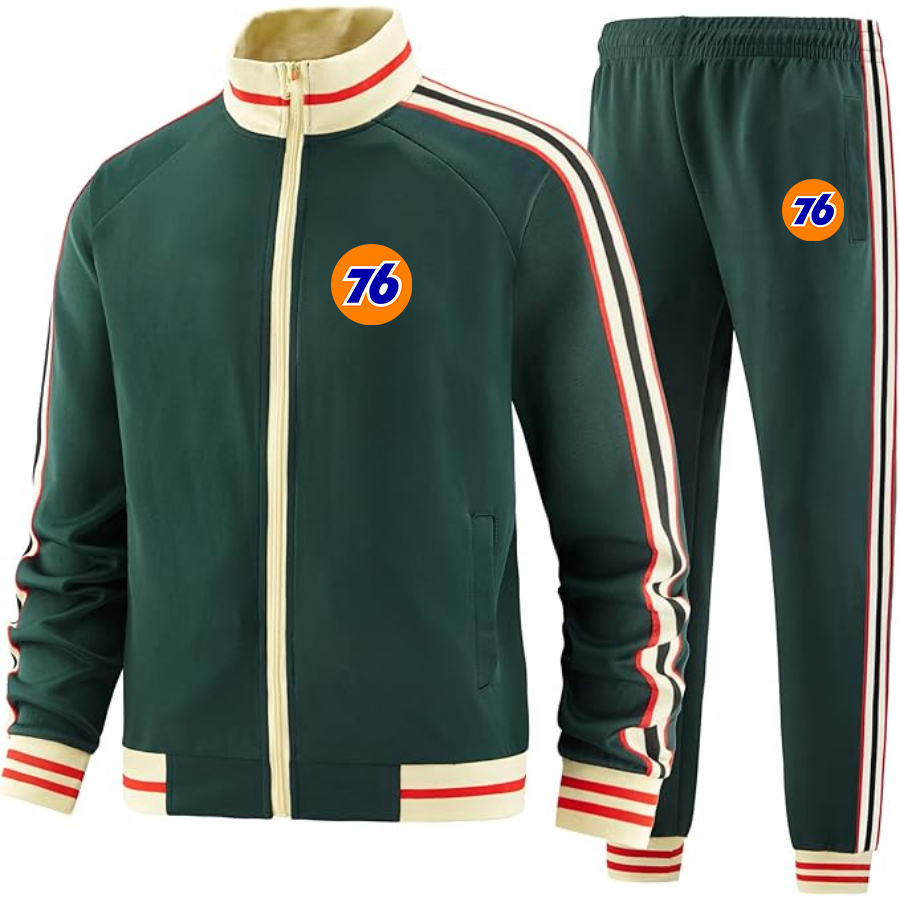 Men's 76 Gas Station  Two Piece Designer Tracksuit with Bold Striped Accents and Zippered Front Elevated Athletic Wear