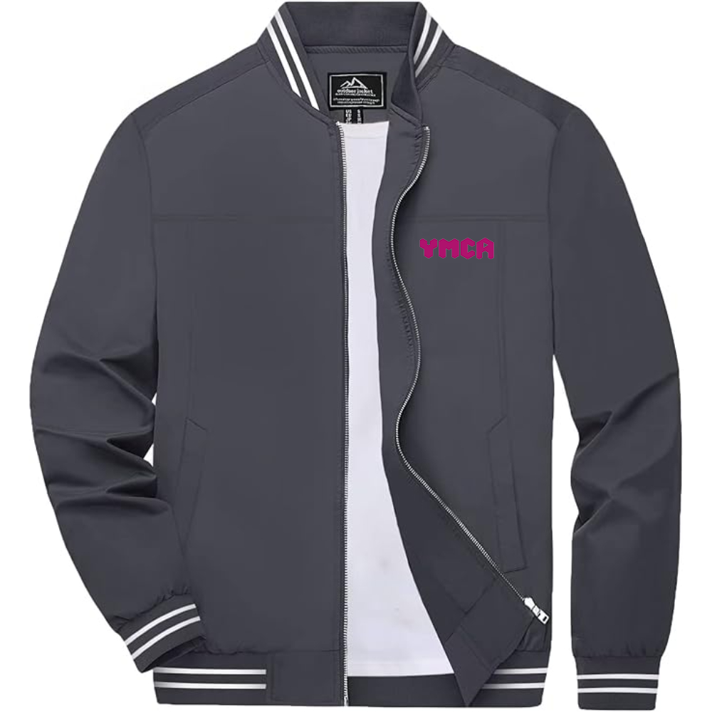 Men's YMCA Mauve Lightweight Zip-Up Bomber Jacket with Ribbed Collar and Cuffs Versatile Casual Outerwear