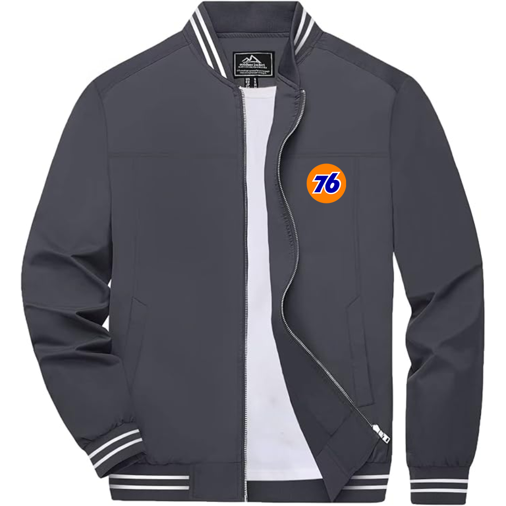 Men's 76 Gas Station Lightweight Zip-Up Bomber Jacket with Ribbed Collar and Cuffs Versatile Casual Outerwear