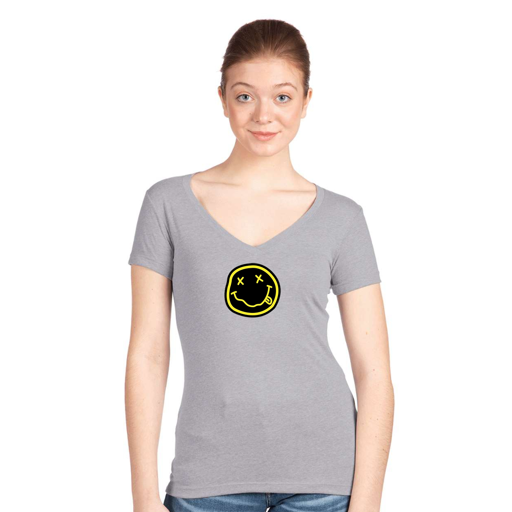 Women's Nirvana Yellow and Black Face Next Level V-Neck T-Shirt