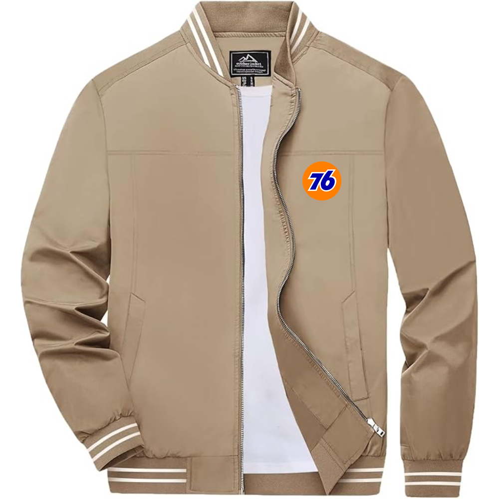 Men's 76 Gas Station Lightweight Zip-Up Bomber Jacket with Ribbed Collar and Cuffs Versatile Casual Outerwear