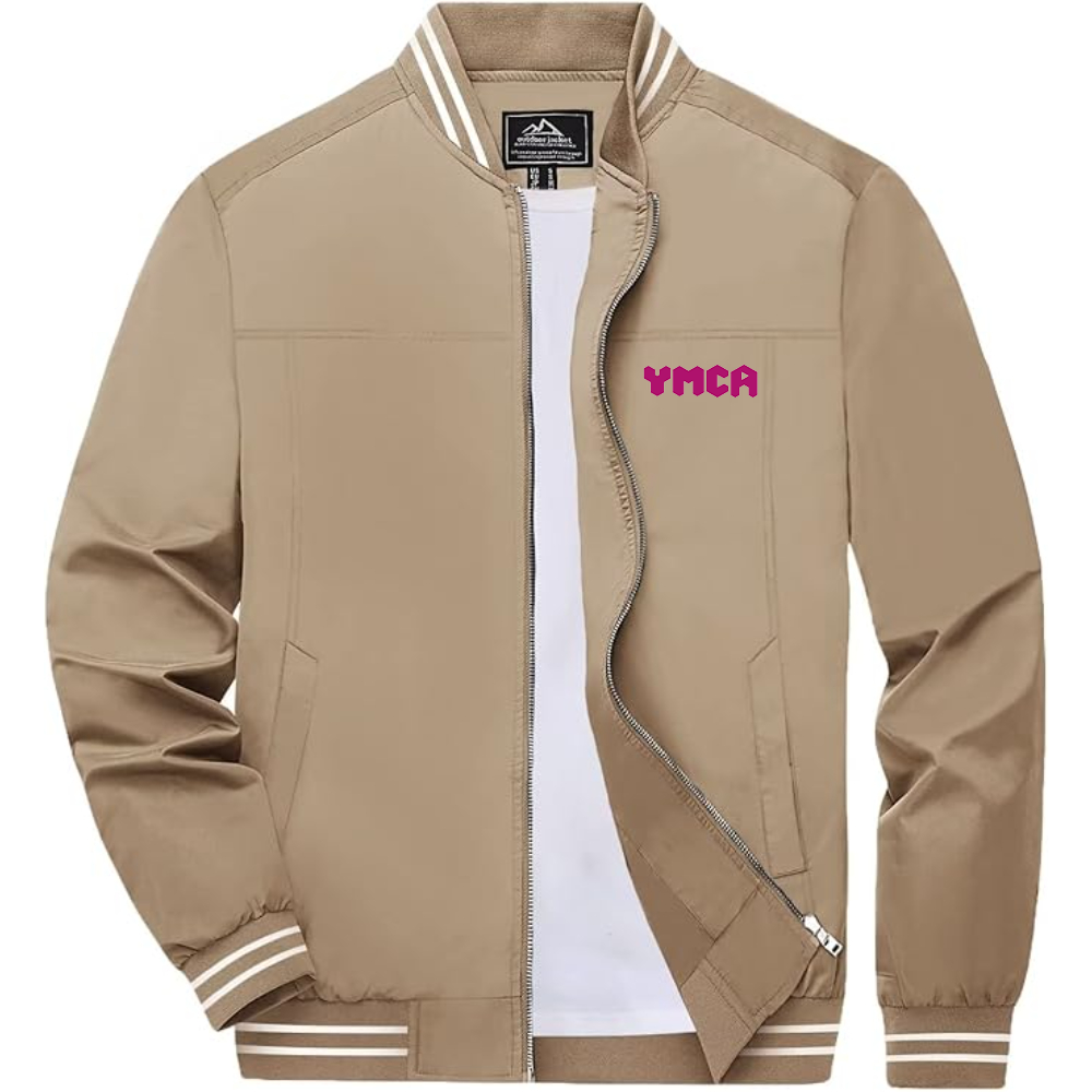 Men's YMCA Mauve Lightweight Zip-Up Bomber Jacket with Ribbed Collar and Cuffs Versatile Casual Outerwear