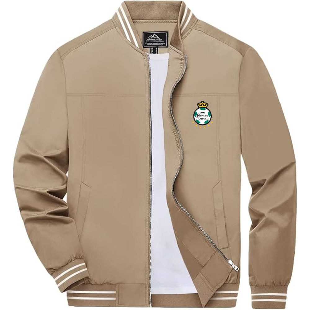 Men's Santos Laguna Soccer Lightweight Zip-Up Bomber Jacket with Ribbed Collar and Cuffs Versatile Casual Outerwear