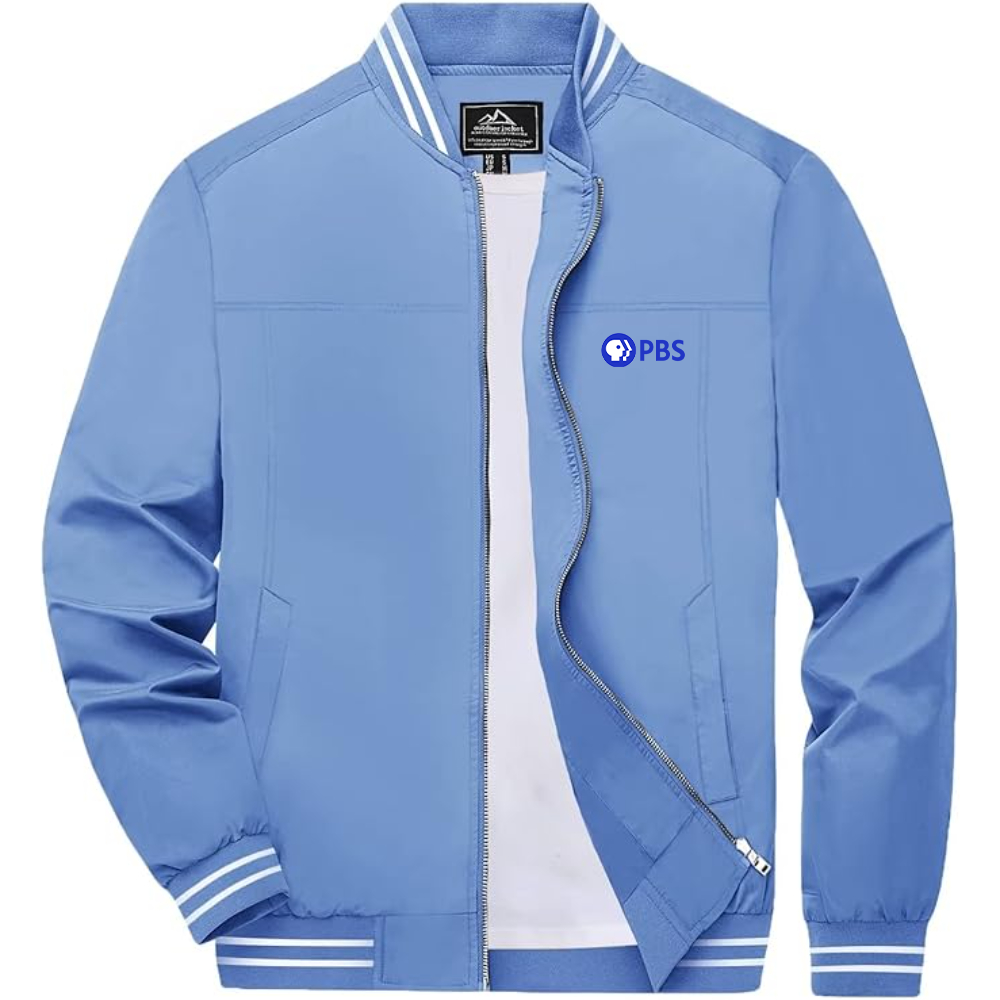 Men's  PBS Blue  Lightweight Zip-Up Bomber Jacket with Ribbed Collar and Cuffs Versatile Casual Outerwear