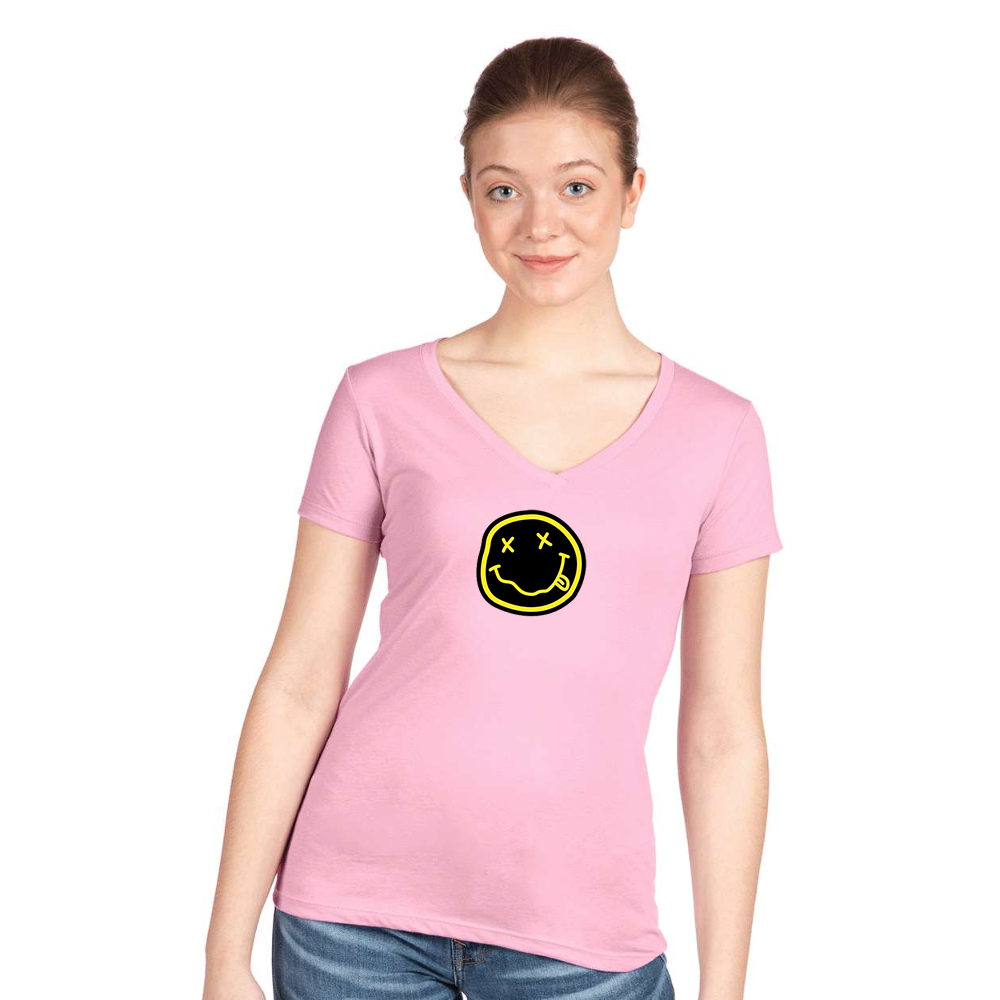 Women's Nirvana Yellow and Black Face Next Level V-Neck T-Shirt