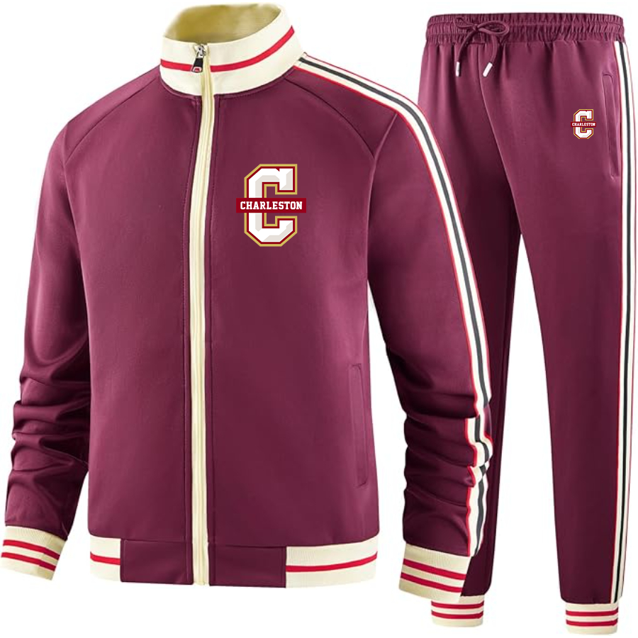 Men's Charleston Cougars Two Piece Designer Tracksuit with Bold Striped Accents and Zippered Front Elevated Athletic