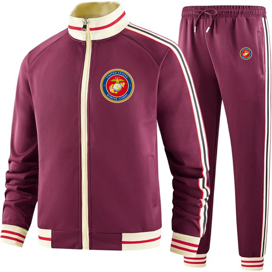Men's USMC Emblem Two Piece Designer Tracksuit with Bold Striped Accents and Zippered Front Elevated Athletic Wear